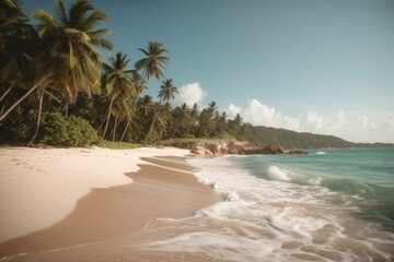 Fototapeta na wymiar Idyllic sandy beach with palm trees and turquoise sea in the Caribbean. Generative AI