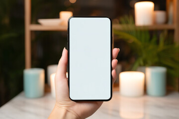 Mockup concept of a hand holding a modern smartphone with a white screen with a beauty spa in the background. Generative AI