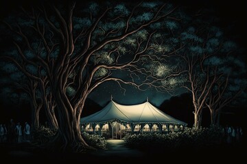 A lit up wedding tent at night surrounded by trees and a dark blue sky. Generative AI