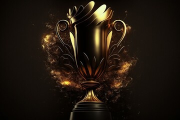 A shiny gold trophy on a black background. Generative AI