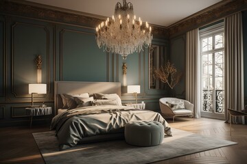 Stunning 3D depiction of a sophisticated, opulent bedroom in Paris. Generative AI