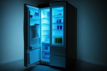 Modern fridge's interior is empty and lit blue. Generative AI