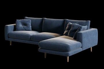 Blue L-shape sofa isolated on transparent background. Generative AI