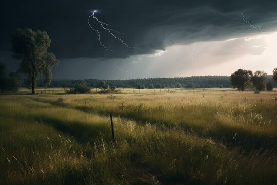 Stormy hurricane with lightning strikes above a meadow in rural area. Generative AI