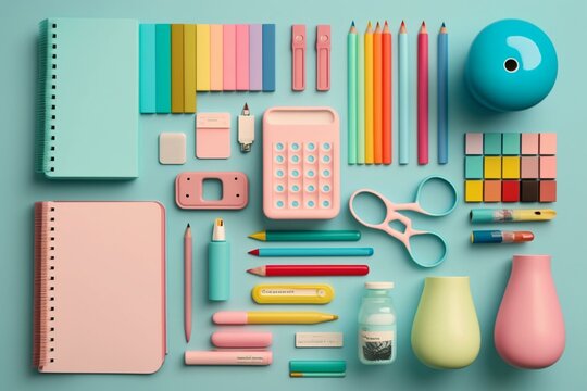 Colorful office and school supplies arranged in knolling on pastel background. Ideal for back to school or craft projects. Generative AI