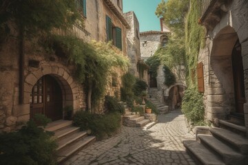 Fototapeta na wymiar Beautiful medieval street in Antibes, Cote d'Azur, France. Generative AI