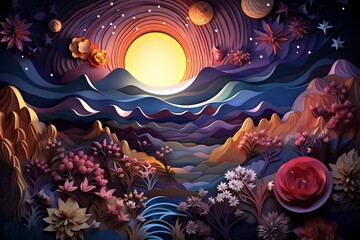 Colorful Moon Night in a Paper Landscape. AI