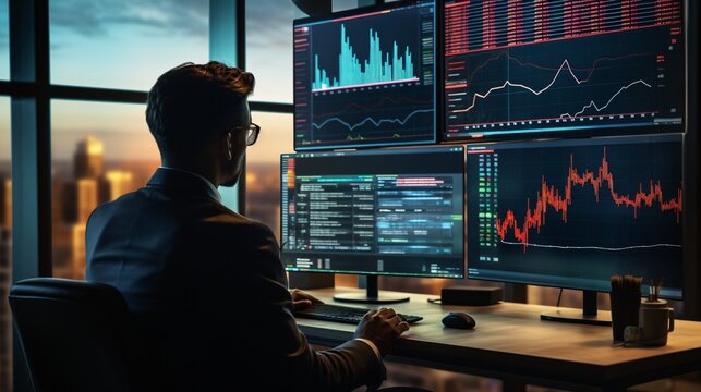 Financial analysts or traders monitoring real-time financial data and analytics dashboards powered by AI, showcasing the speed and accuracy of AI-driven insights.