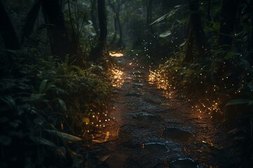 Enchanting fireflies light up an enchanting path. Generative AI