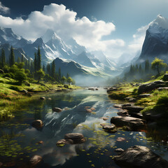 Fantastic landscape with trees, water and sun, Created with generative artificial intelligence