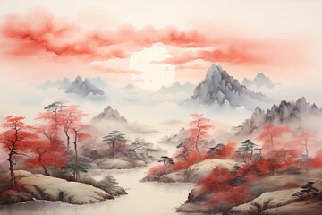 Red Landscape: Traditional Chinese Painting of Hills and Trees on Textured Paper. AI
