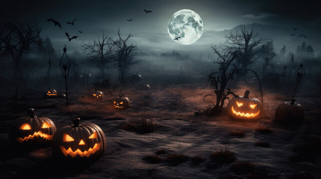 Halloween Pumpkin Moon Spooky Night Scene Background - Generative AI