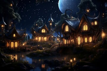 Fototapeta na wymiar Elves' Houses in the Enchanting Starry Night. AI