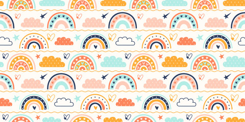 Boho baby whimsical rainbow vector seamless wallpaper. Modern hand drawn background with arches. Childish Scandinavian colourful decorative nursery fabric, textile, gift wrapping paper