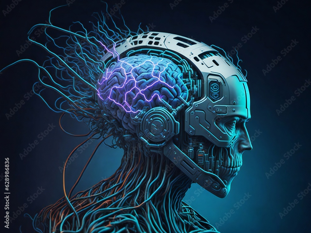 Poster human brain showing intelligent thinking processing. cyber mind concept a neural network of big data