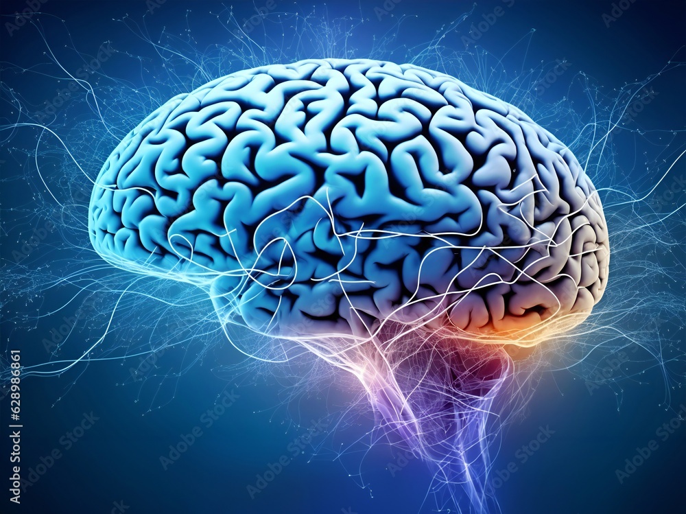 Poster human brain showing intelligent thinking processing. cyber mind concept a neural network of big data