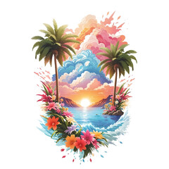 Illustration of a tropical sunset and palm trees on a small vacation island paradise. Art for t shirt print. AI Generative