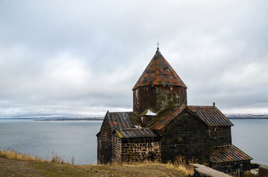 Scenic view of the ancient monastery of Sevanavank in Armenia with the Sevan Lake in the background