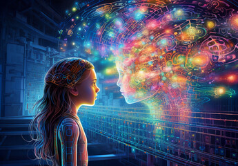 a woman's head, artificial intelligence model, radiant colors and energy. the fusion of human and AI capabilities, cognitive science, artificial intelligence development ( Generated with AI)
