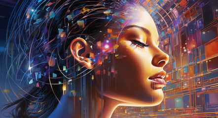 a woman's head, artificial intelligence model, radiant colors and energy. the fusion of human and AI capabilities, cognitive science, artificial intelligence development ( Generated with AI)