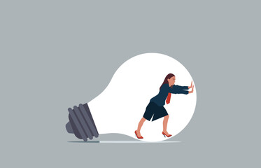 Woman inside light bulb trying to get out. Vector illustration