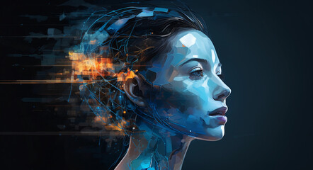 a woman's head, artificial intelligence model, radiant colors and energy. the fusion of human and AI capabilities, cognitive science, artificial intelligence development ( Generated with AI)