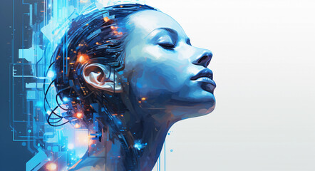 a woman's head, artificial intelligence model, radiant colors and energy. the fusion of human and AI capabilities, cognitive science, artificial intelligence development ( Generated with AI)