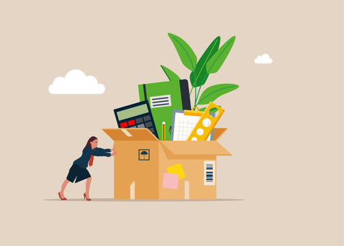 Woman pushing box with office supplies. Beginning of business career. Welcome employee. Vector illustration.
