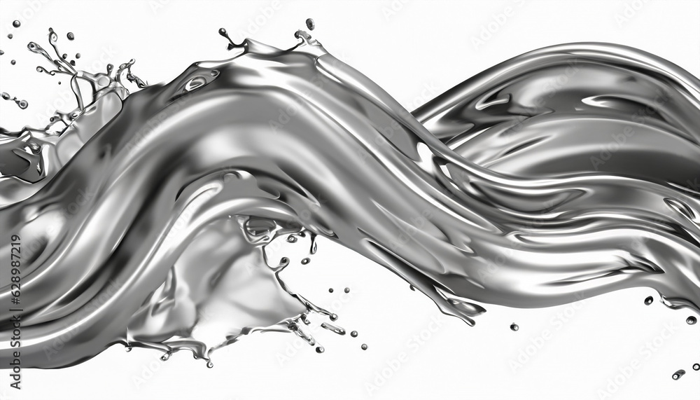Poster abstract silver gradient curve. flow chrome liquid metal waves isolated on white ai generative