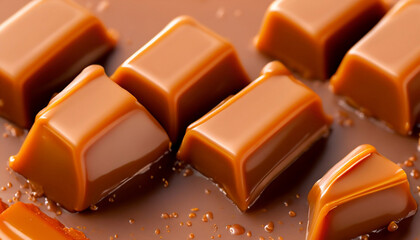 Delicious melted caramel texture. Flow, wave and drops splash caramels sauce. Sweet food design background. AI Generative
