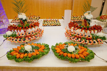 European buffet catering food. Various seafood. Celebration party concept. Selective focus.