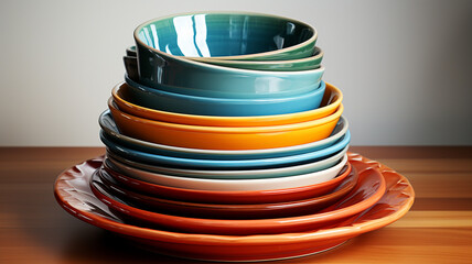 colorful tableware on the wooden shelf.generative ai