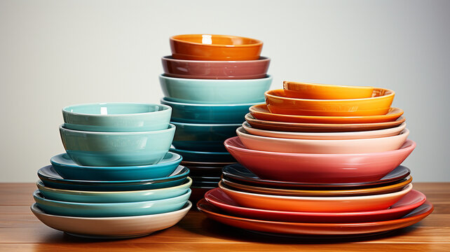 colorful tableware on the wooden shelf.generative ai