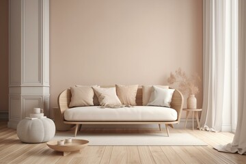 Scandinavian inspired pastel interior. Beige and white room design. Creamy empty wall mockup and brown pillow sofa. 3D rendering. Generative AI