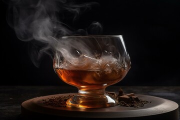 Whisky cocktail infused with smoke, served on a dark background. Generative AI