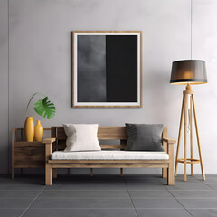 An empty picture frame mockup in a modern and minimalist style living room with wooden furniture against a white background