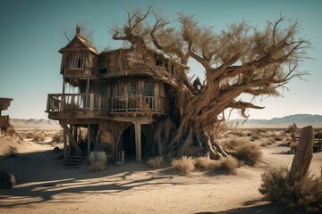 Tree-adorned surreal desert dwelling. Generative AI