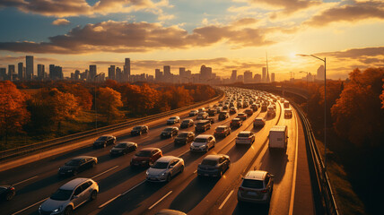 cars on a highway at sunset.generative ai © S...