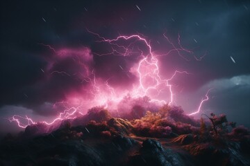 Vivid 3D rendering of a pink electricity storm with tornado vortex and intense lightning. Generative AI - obrazy, fototapety, plakaty