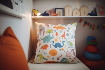 Blank square pillow in kids room for graphic design presentation. Mock up pillow cover for print, pattern, and personalized illustration. Generative AI