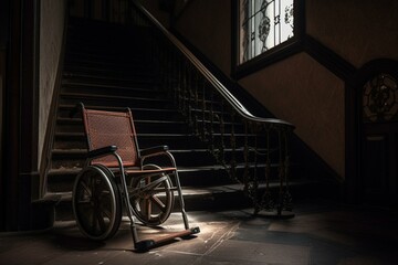 Fototapeta na wymiar Empty wheelchair positioned beside stairs. Generative AI