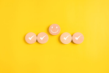 Happy smile face emotion and correct icons on background, Customer service evaluation, Positive thinking and mental health assessment, Happy client giving feedback with happiness - obrazy, fototapety, plakaty