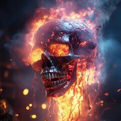 Human skull burning in flames. Halloween concept. 3D Rendering