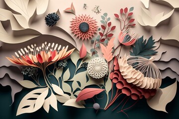 Artistic arrangement of paper cutouts and floral elements. Generative AI
