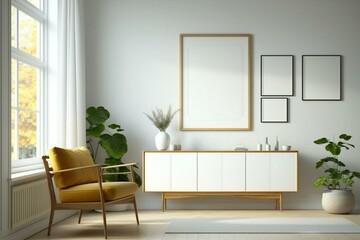 Bright and calming room with a sideboard and armchair by the window, and a mockup frame. Generative AI
