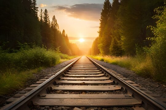 Abandoned train tracks in the middle of the forests, tall trees and sunset background