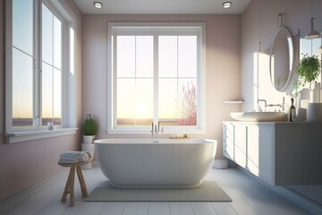 Fototapeta na wymiar Bright bathroom with tub, sink, and wide window. Placeholder. Generative AI