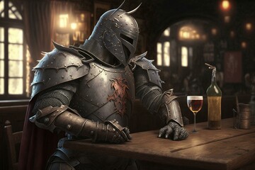 Intoxicated knight in armor at bar. Generative AI - obrazy, fototapety, plakaty