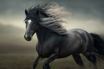Naklejka na ściany i meble A beautiful horse with a black mane and grey coat gallops freely in nature, with its hair flowing in the wind. Generative AI