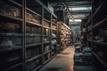 Chilled store with metallic racks, shelves, and AC wall unit. Organized selective storage in large warehouse. Generative AI